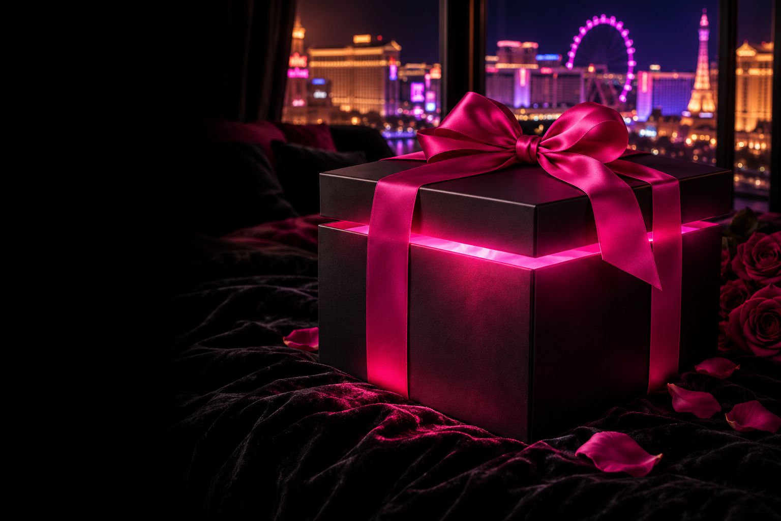 Mysterious black gift box with a fuchsia silk bow and pink light glowing from beneath the lid, against the Las Vegas skyline at night